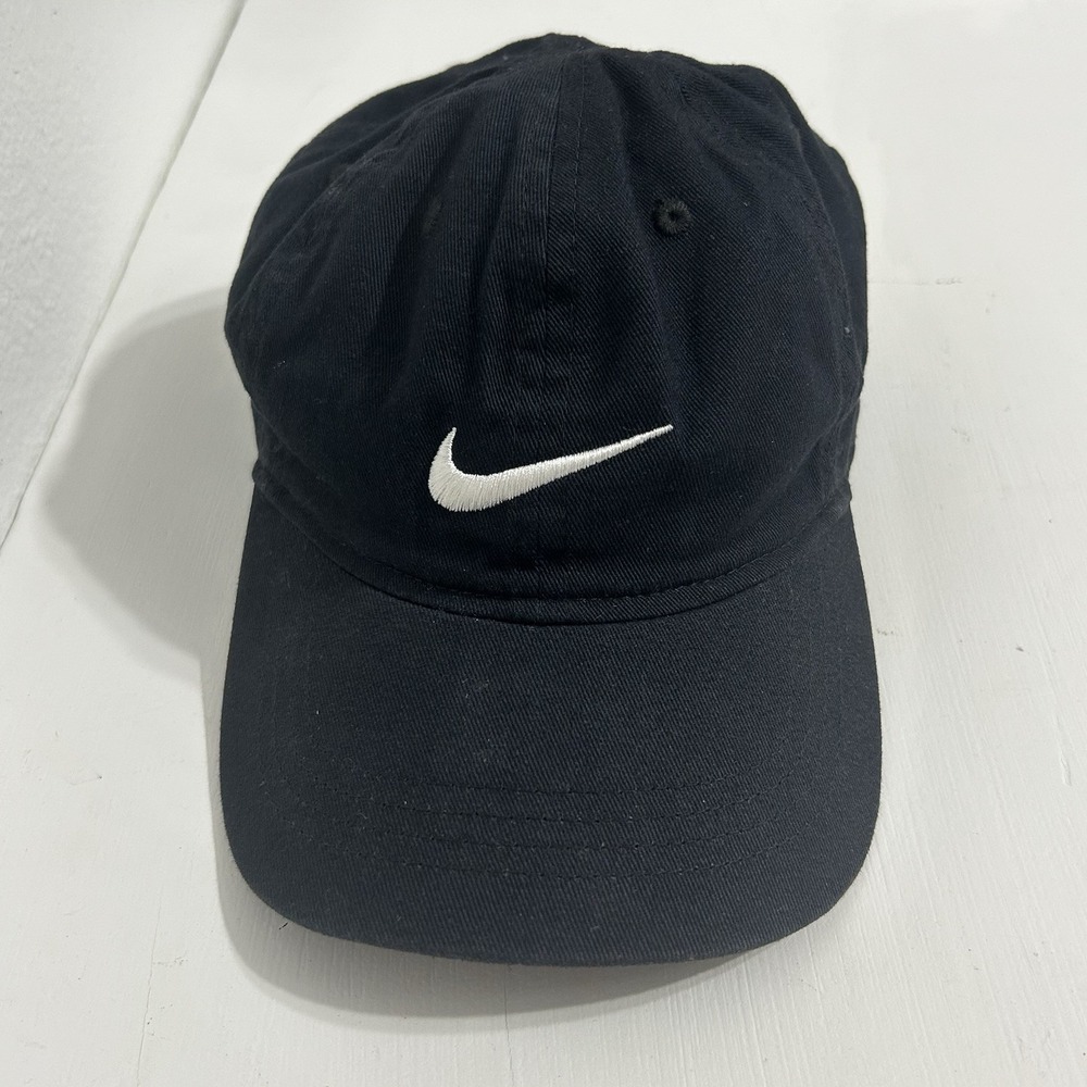 Nike Swoosh Black w/ White Logo Childs Hook and Loop Adjustable Baseball Hat Cap
